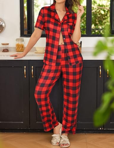 Image of Ekouaer Womens Pajamas Set Print PJs Soft Button Down Sleepwear Short Sleeve Lounge Set with Pockets