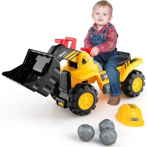 OLAKIDS Kids Ride On Excavator, Toddler Sliding Walking Construction Push Racer with Adjustable Bucket, Underneath Storage, Digger Scooper Pulling Cart Bulldozer Toy with Sound, Helmet, 3 Toy Stones