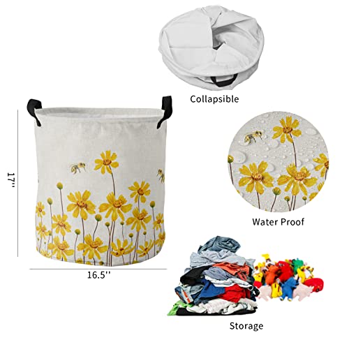 Laundry Hamper,Foldable Laundry Basket Spring Yellow Daisy Flowers Bee Retro Canvas Fabric Storage Organizer With Handles For Dirty Clothes,Home Storage #TOP4