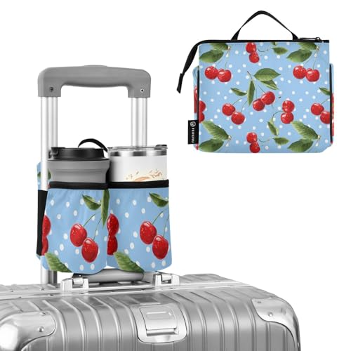 Image of Luggage Cup Holder for Suitcases Free Hands Suitcase Cup Holder Travel Luggage Drink Holder Portable Luggage Cup Caddy Bag Carrier with Handle Light Blue Dots Red Cherry