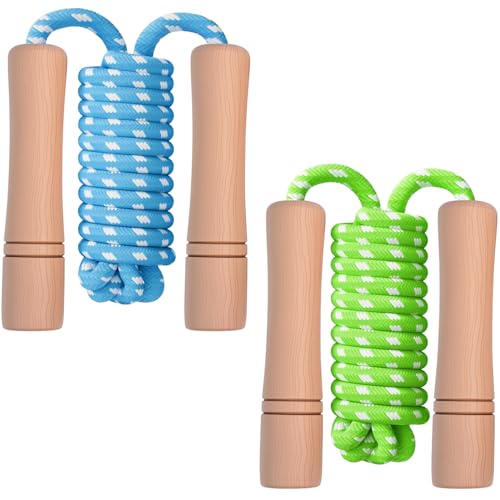 Homello Jump Rope for Kids - Wooden Handle - Adjustable Cotton Braided Fitness Skipping Rope for Toddler Fitness Workout Exercise Outdoor Activity (Green+Blue)