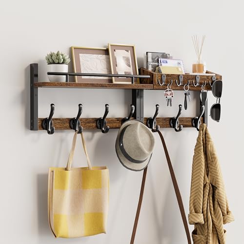 Image of 29 inch Coat Rack Wall Mount with Shelf, Entryway Wall Shelf with Hooks, Heavy Duty Coat Hanger Wall Mount with Key Holders and Mail Organizer for Living Room, Bedroom, Black & Brown