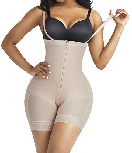 FeelinGirl Women Waist Trainer Shapewear Zipper Hook Body Shaper Shorts High Waist Butt Lifter Comfort Thigh Slimmer Beige,XL