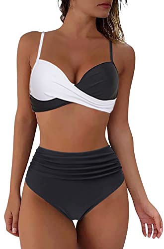 Yutdeng Trajes de Baño Divididos Mujer Push Up Bikinis con Aros Sexy Crossover Fruncido Conjunto de Bañador Correas Ajustables Estampado Braguita de Bikini Cintura Alta,Blanco,L