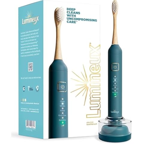 Lumineux Sonic Electric Toothbrush for Adults - Bamboo Heads -Deep Ocean (Blue)- Includes 2 Super Soft Bristle Bamboo Tooth Brush Heads, Charging Station & USB Charge Cord - Rechargeable Cover