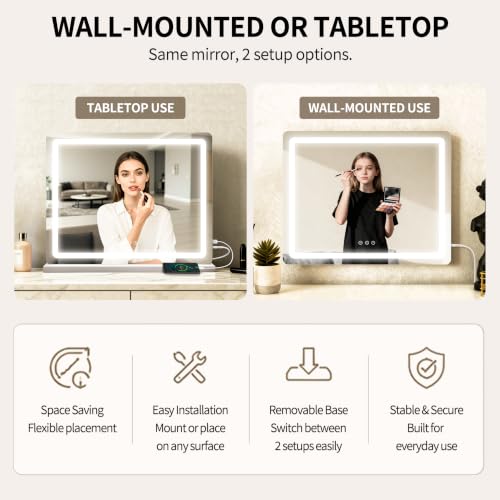 Image of ROLOVE 23 inchx 18 inch Large Vanity Mirror with Lights, LED Makeup Mirror for Dresser and Desk, 10X Magnification, Dimmable Touch Control, Wall Mounted or Tabletop Mirror for Bedroom (White)