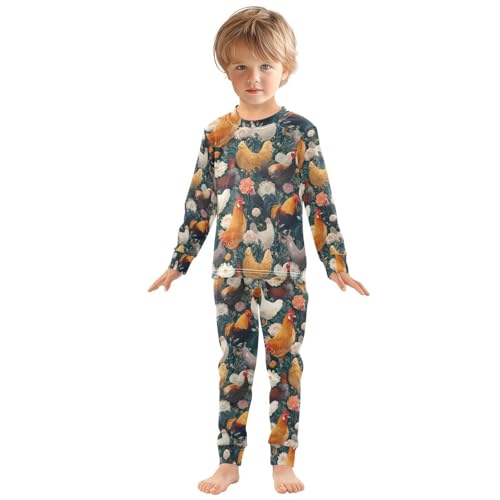 ALAZA Rooster Hen Flower Blossom Floral Pajamas Long Sleeve Sleepwear 2-Piece Pajama Set3