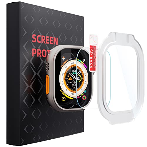 PZOZ Paquete de 2 protectores de pantalla para Apple Watch Ultra de 49 mm, película de vidrio fácil de instalar con dispositivo de posicionamiento Cover