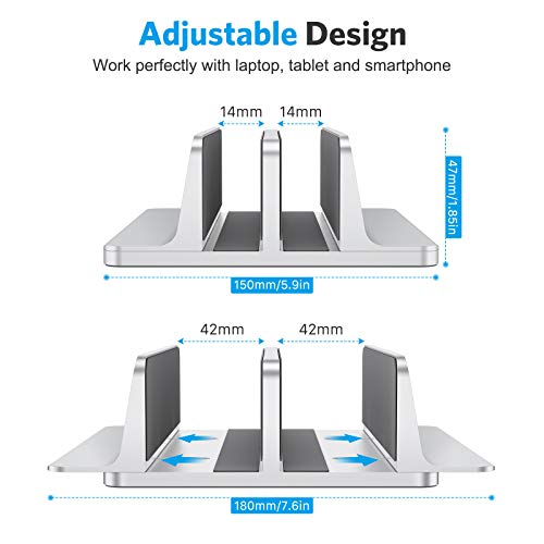 OMOTON [Updated Dock Version Vertical Laptop Stand, Double Desktop Stand Holder with Adjustable Dock (Up to 17.3 inch), Fits All MacBook/Surface/Samsung/HP/Dell/Chrome Book (Silver) - Image 5