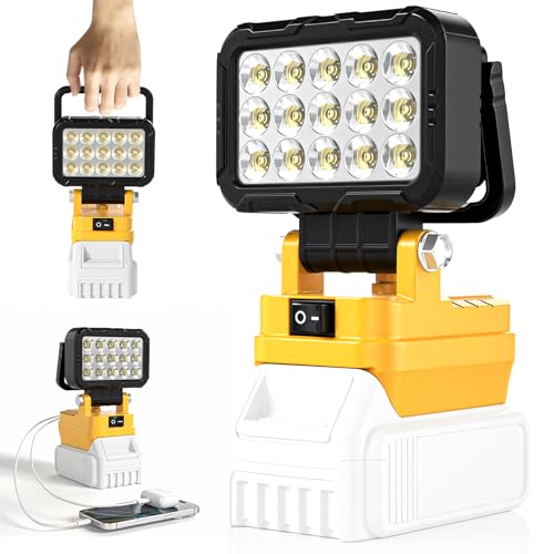 6000 Lumen 40W LED Work Light Compatible with Dewalt 20V Max Battery Cordless Jobsite Flood Light with Dual USB-A Charging Ports Bright Portable Outdoor Flashlight (Battery Not Included)