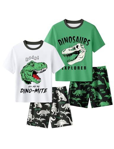 Yoofoss Toddler Pajamas 100% Organic Cotton 4 Piece Short Sleeve Summer Pajama Set Kids Pajamas Boys Girls Snug Fit Pjs Set, Green and Black Dinosaur, 5T