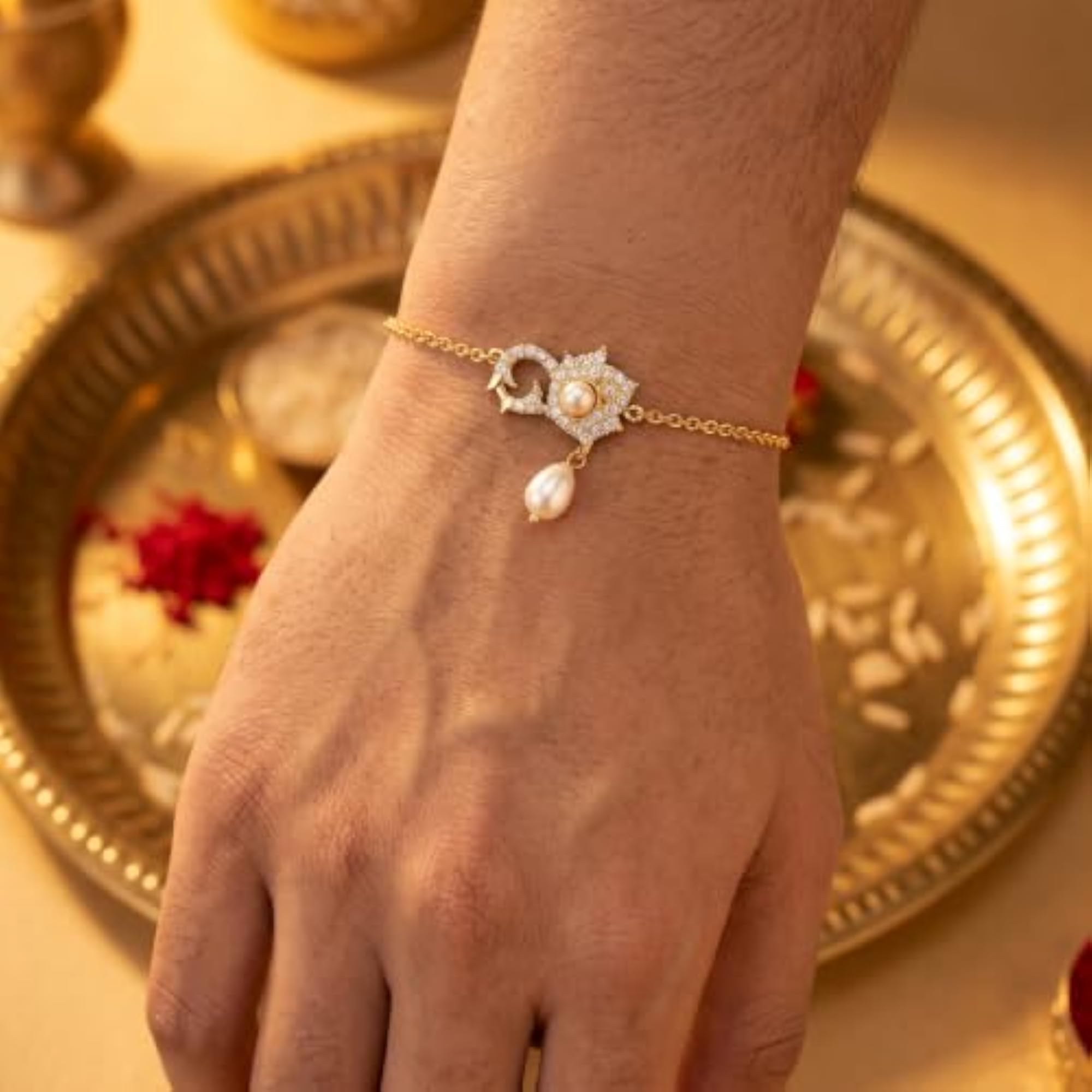 Men's Gold Plated Om Mandala Rakhi Bracelet with White Pearl & CZ