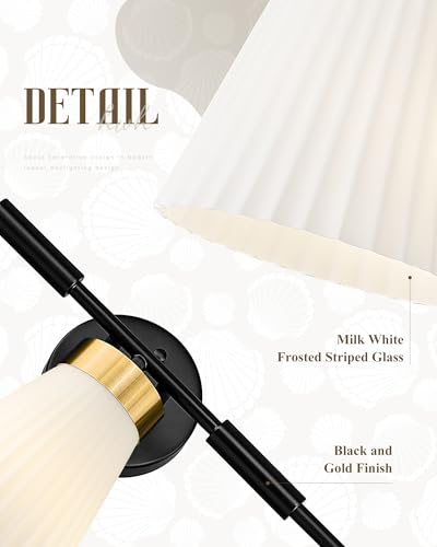 Image of Bathroom Wall Sconces, HWH 5-Light Wall Mount Lighting Fixtures for Mirror, Modern Vanity Lights with Frosted Milk White Striped Glass, Black and Gold Finish, 5HZG97B-5W BK+BG