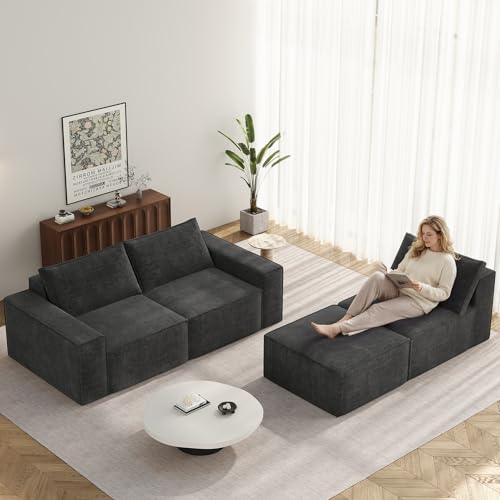 Image of Vesgantti 114 inch Modular Boneless Couch, Modern 3 Seater Sectional Sofa with Ottoman & Deep Seat, Convertible Chenille L Shaped Cloud Couches for Living Room, No Assembly Required, Dark Grey