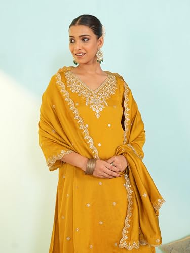 Image of Naixa Women's Vichitra Silk Embroidered A-Line Kurta with Pant and Dupatta Sets (NX-845)