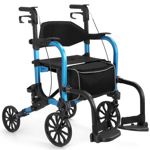 Image of Foldable Rollator Walker with Seat for Seniors,Lightweight 2-in-1 Rolling Walkers and Wheelchair Combo with Adjustable Handle Height,Transport Chair with Brakes 300 lbs Weight Capacity