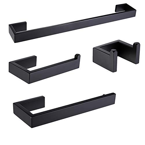 DOCNACHT Premium Stainless Steel 4 Pieces Bathroom Hardware Accessories Set Wall Mounted Towel Bar Towel Holder Robe Hook Toilet Paper Holder ï¼Œ Matte Black