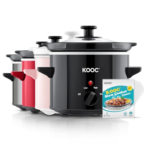 KOOC Small Slow Cooker, 2-Quart, Free Liners Included for Easy Clean-up, Upgraded Ceramic Pot, Adjustable Temp, Nutrient Loss Reduction, Stainless Steel, Black, Round…