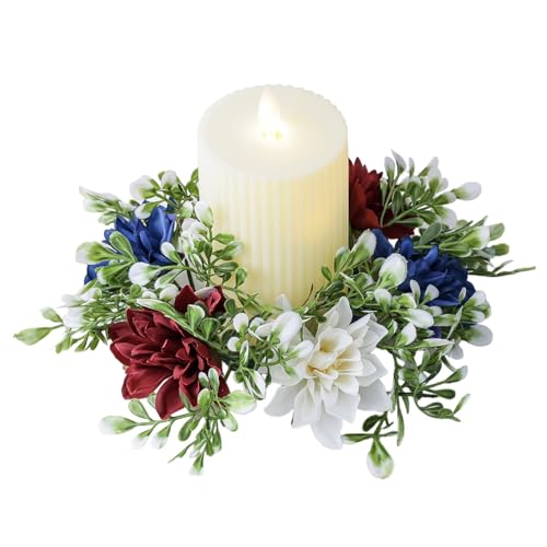 4th of July Candle Rings Artificial Flower Wreath Red Blue White Patriotic Candle Holder 9.84