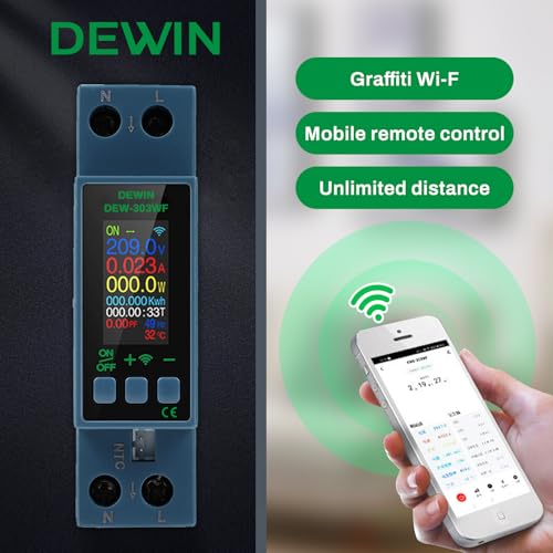 DEWIN Stromzähler Smart Hutschiene WLAN, KWS-303WF 8-in-1 Voltmeter Wattmeter Ausschalter AC Spannung Strom Leistungsmesser Energie Monitor 40A AC 230V