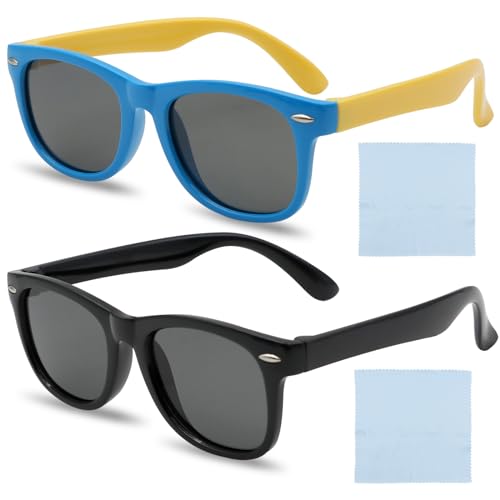 ZYKORT Lunettes de soleil polarisées pour garçons et filles - Monture en silicone, protection UV400, 2 pièces - Pour 3 à 12 ans, Noir + bleu