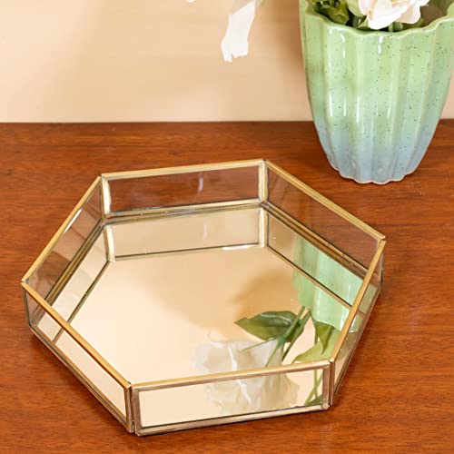 Image of Vintage Glass & Brass Vanity Tray, Hexagonal Home Table Decoration, Makeup Organizer, Vanity Tray, Brass Gold 8x9x1.5 Inches