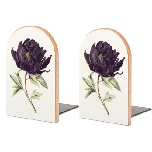 Botanical - Sujetalibros de madera de peonía morado oscuro, 2 soportes resistentes para libros, organizador de escritorio para bibliotecas de oficina en casa