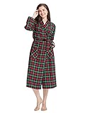 SIORO Womens Flannel Robes Long, 100% Cotton Plaid Bath Robe for Women Soft Flannel Sleepwear for Bath Shower Lounging, Christmas Red and Green Plaid, Small