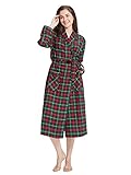 SIORO Womens Flannel Robes Long 100% Cotton Plaid Bath Robe for Women Soft Flannel Sleepwear for Bath Shower Lounging, Christmas Red and Green Plaid, Large