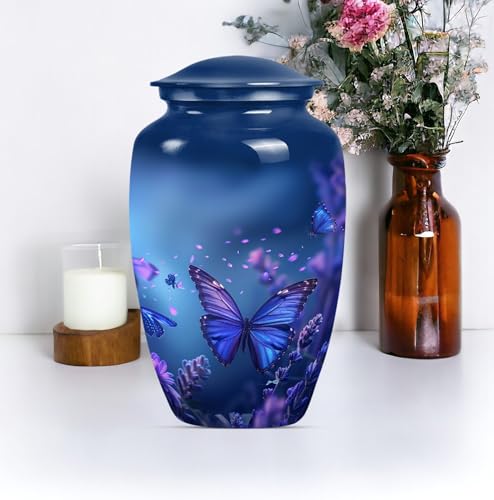 Image of Blue Butterfly Urn for Ashes - Large Cremation Urns for Human Ashes Adult Male Female - Decorative Urn for Adult Female - Funeral Urns for Women - Large and Keepsake Pack of 2