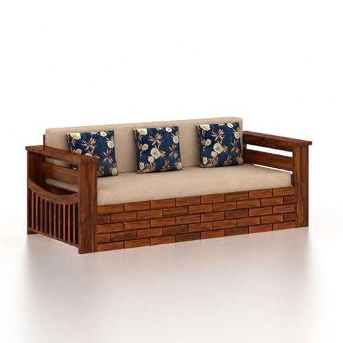 Image of Ganpati Arts Solid Sheesham Wood 3 Seater Italian Sofa Cum Bed with Storage and Side Pockets for Living Room Wooden Sofa Bed for Home - Natural Finish 1 Year Warranty, 3-Person Sofa (Beige)