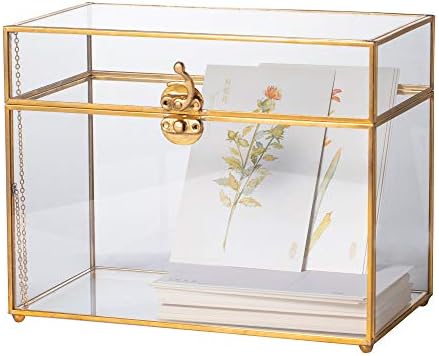 NCYP Gold Glass Card Box with Lid for Wedding Reception (9.9x5.6x7.7 Inches) Handmade Rectangle Decorative Storage Box for Party Wishwell Keepsake, Vintage Terrarium (Glass Box Only) (No Slot)