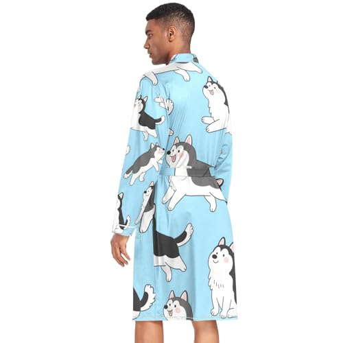 OTVEE Siberian Husky Dog Pattern Mens Night-Robe Lightweight Soft Bathrobe Sleepwear with Pockets2