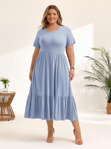 Image of LARACE Plus Size Dresses for Women Summer Casual Short Sleeve Long Dress Flowy Maxi Beach Dresses with Pockets L-6XL