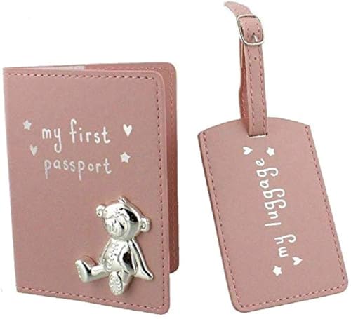 Image of Oaktree Gifts My First Passport & Luggage Tag Set with metal teddy icon Pink