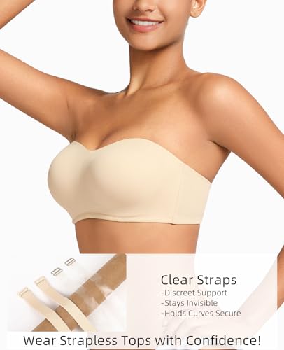 Plus Size Strapless Bras for Women Underwire Padded Bandeau Bra with Clear Straps3