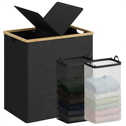Image of efluky Laundry Hamper with Lid, Double Laundry Basket with 2 Removable Bags, 2 Section Laundry Bin with Bamboo Handles for Bathroom, Bedroom & Laundry Room, 140L (36.9 Gallon) Black