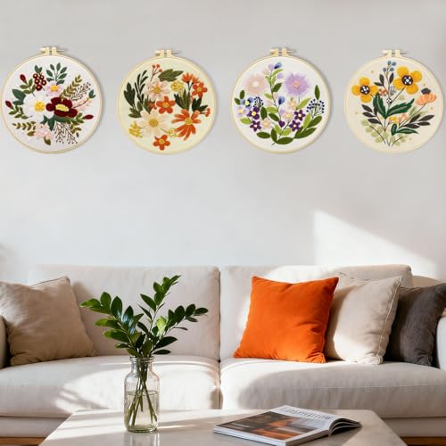 Bonroy 4 Sets Embroidery Set for Beginners Art Crafts Easy Sewing Includes Embroidery Clothes with Pattern, Hoop, Instruction Manual, Color Stitch Set (Assorted 1)