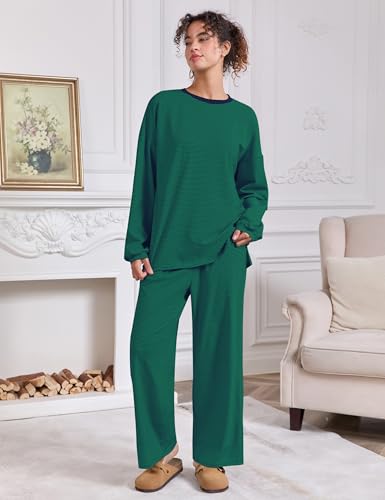 Image of MISSACTIVER Women's 2 Piece Striped Lounge Set Long Sleeve Oversized T-Shirt Wide Leg Pants Matching Pajamas Set