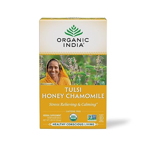 Image of Organic India Tulsi Honey Chamomile Herbal Tea - Holy Basil, Stress Relieving & Calming, Immune Support, Adaptogen, Vegan, USDA Certified Organic, Caffeine-Free - 18 Infusion Bags, 1 Pack