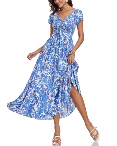 Image of Summer Smocked Boho Maxi Dress for Women 2026 Short Sleeve Floral Smocked Flowy Ruffled Beach Vacation Dresses Lightweight