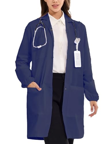 Image of Women's Lab Coats Snap Closure 4 Pockets Elastic Cuffs Professional Medicas Long Sleeve Labcoats Scientist College