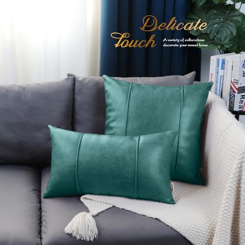 Image of BRAWARM Teal Leather Throw Pillow Covers 16 X 16 Inches - Faux Leather Pillow Cover with Piping, Hand Stitched Leather Throw Pillow for Couch Sofa Bed Living Room Home Decorative