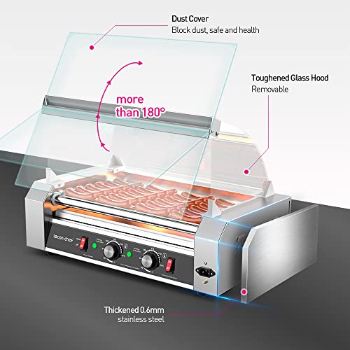 Leconchef Hot Dog Roller Machine Commercial Grade Stainless Steel Electric 24 Hot Dog 7 Roller Grill Cooker Machine With Detachable Glass Cover、Dust Cover And Led Lights, 1200-Watts #TOP3