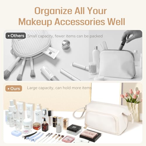 Abiudeng Makeup Bag for women,Toiletry Travel Makeup Bags Pouch with Brush Compartments, Large Portable Cosmetic Bag with Handle,Wide Open Cute Bag,PU Water-Resistant Makeup Bag-White