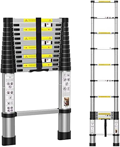 BOWEITI 12.5FT Telescoping Ladder, Aluminum Collapsible Ladder w/Non-Slip Feet, Lightweight RV Compact Ladder, Telescopic Ladder for RV, Household, Outdoor, 330lbs Capacity Extension Ladder (3.8m)