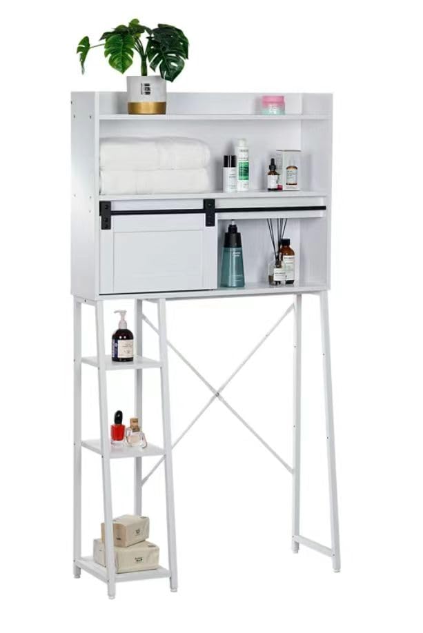 Over The Toilet Storage Cabinet with Toilet Paper Stand, Mass-Storage Over Toilet Bathroom Organizer with Sliding Door, Space-Saving Toilet Rack, for Bathroom, Laundry (White)