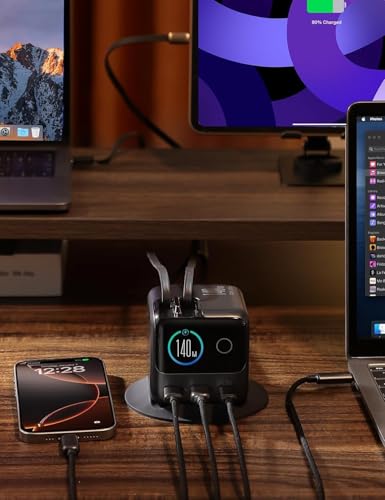 Image of 5-in-1 USB C Charging Station, 140W Ultra-Fast 5-Port Desktop Charger with Dual Retractable 100W USB-C Cables (2.6ft), 1.54 inch Smart LCD Power Display for Mac Book, 1Phone, Home & Office (JR-TRD01)