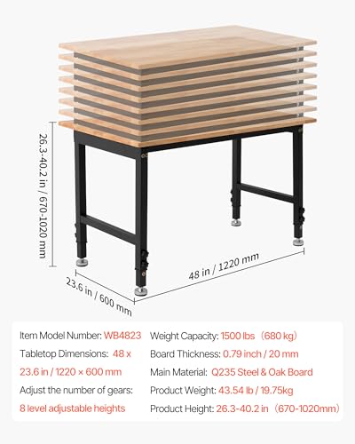 Image of VEVOR Adjustable Workbench, 1500 lbs Capacity, 48 x 24 Inch Oak Wood Top Workbench with 26.3-40.2 Inch Height Adjustment, Heavy-Duty Hardwood Worktable for Garage, Workshop, Home, Office, Commercial
