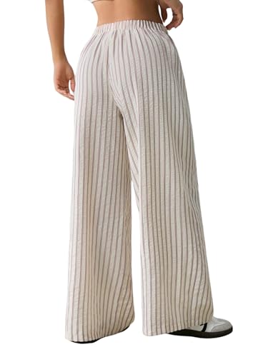 SOLY HUX Women's Striped Pants Tie Front Elastic Waist Wide Leg Pants Baggy Long Trousers2